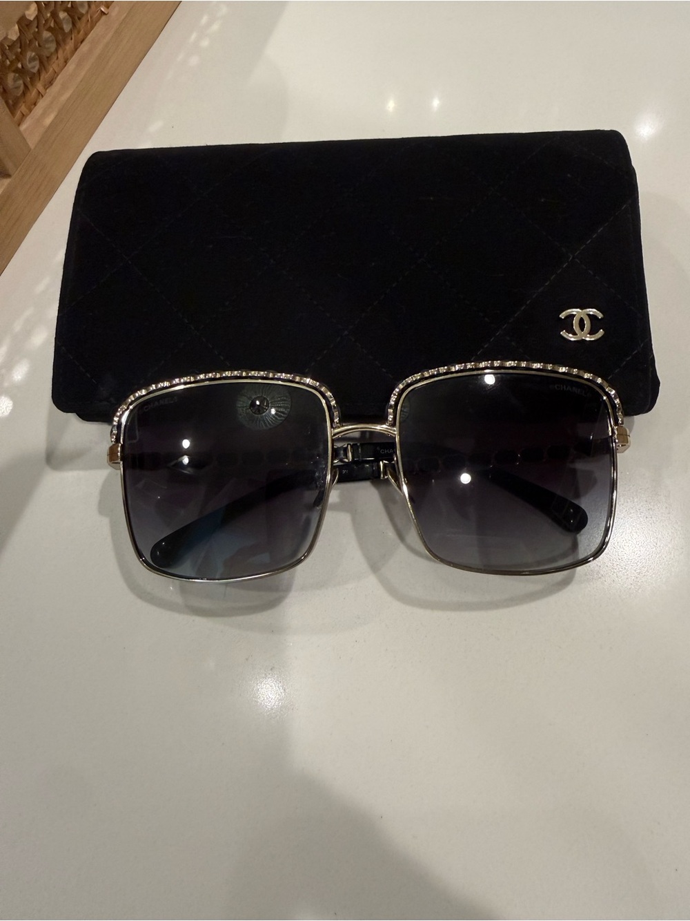 CHANEL Black Quilted Sunglasses with Gold-Trim Frame and Chanel case